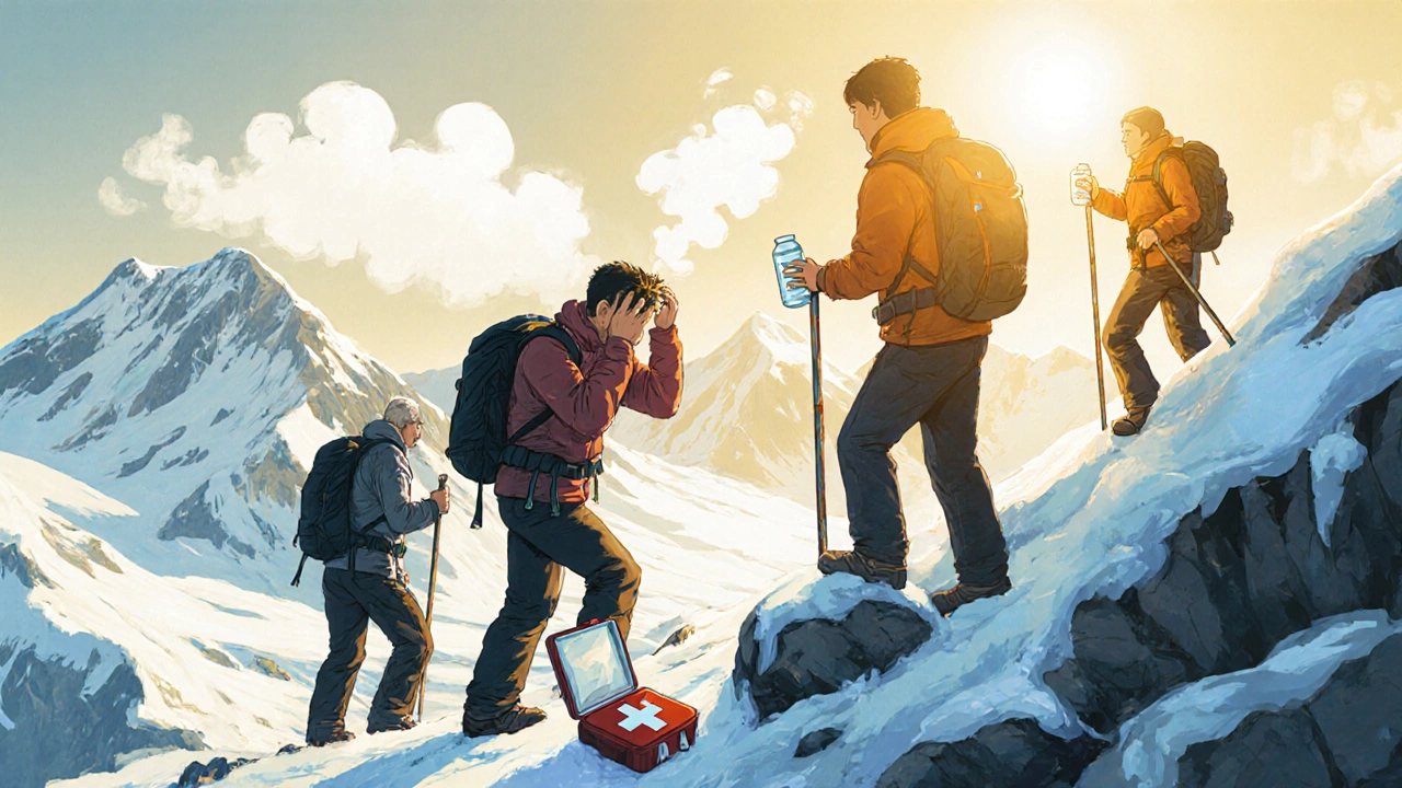Trekkers assisting a companion suffering from altitude sickness on an icy high-altitude path.