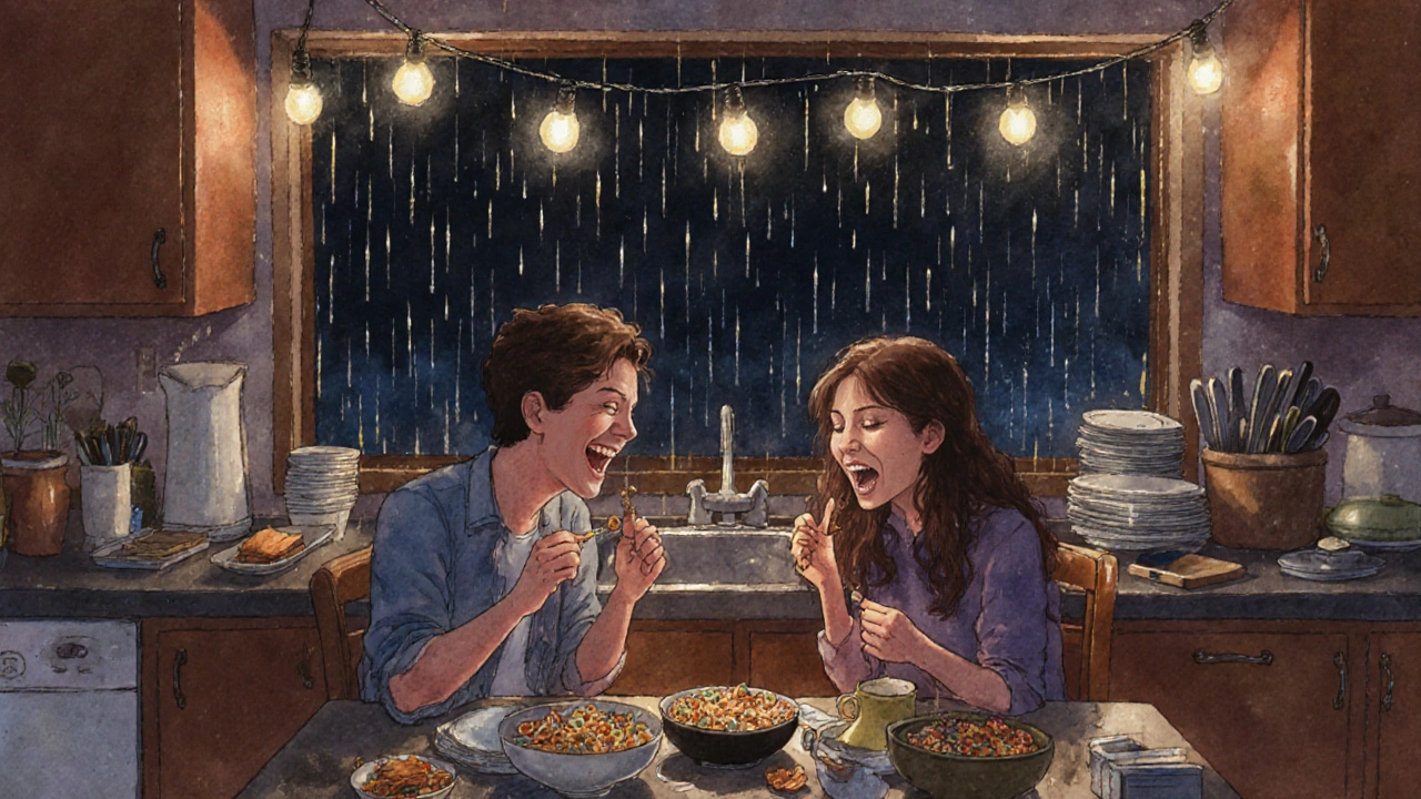 Two partners laugh while eating cereal together in a cozy kitchen, rain tapping the window behind them.