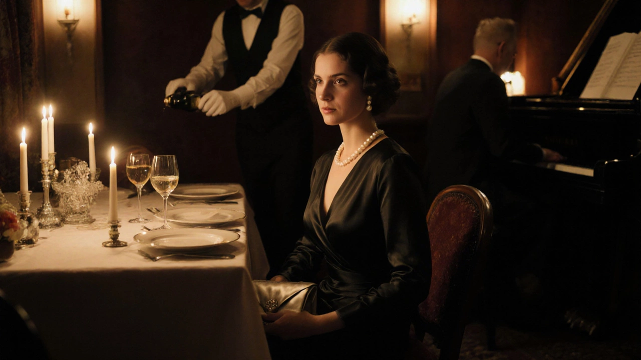 Woman in black silk dress at a candlelit train dinner with waiter pouring wine.