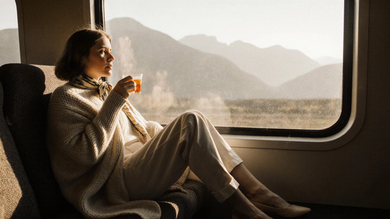 Woman in cream trousers and sweater sipping tea by train window with mountains outside.