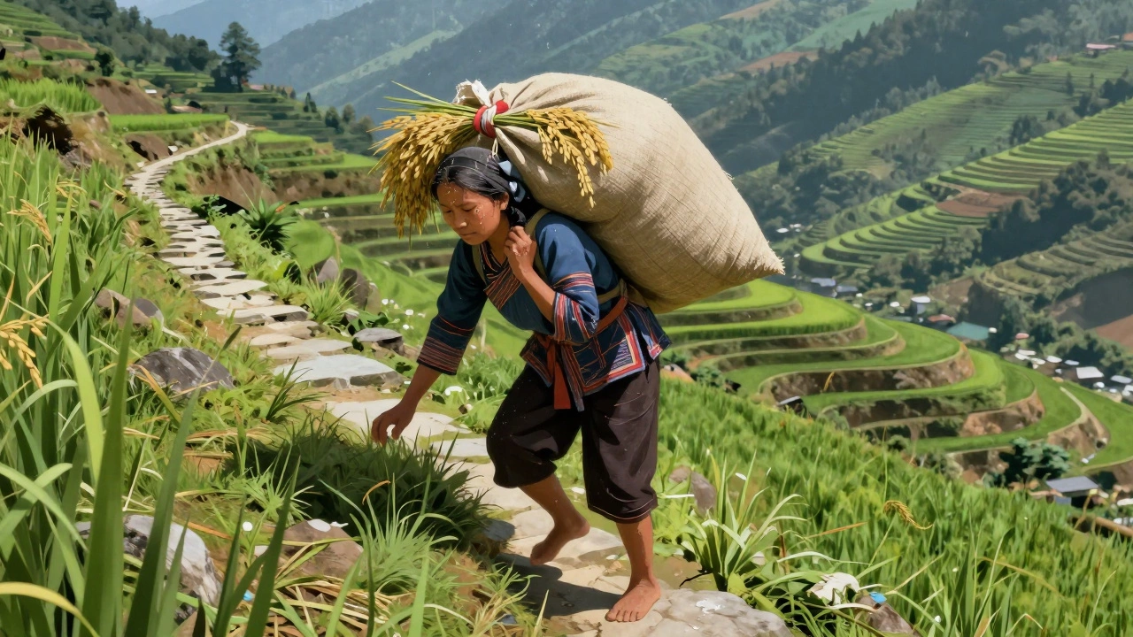 Apatani woman climbing a steep rice terrace with a heavy sack of harvest in Ziro Valley.