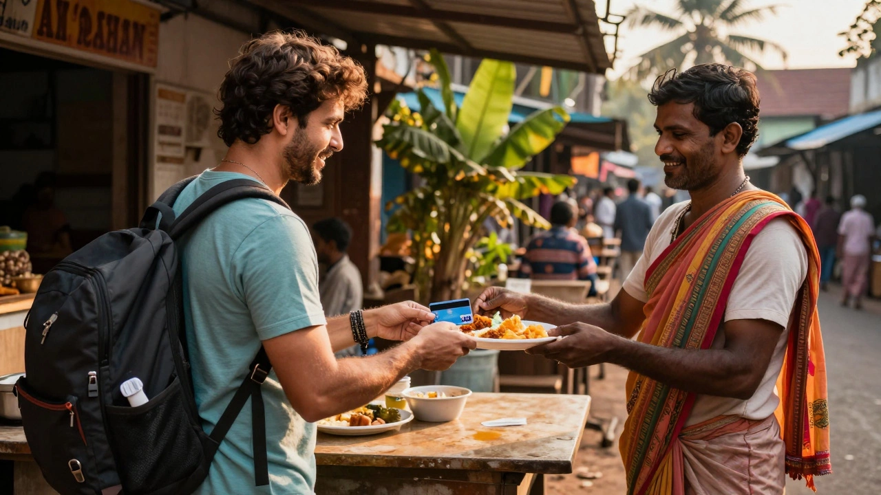 Backpacker paying for food with credit card at a colorful street cafe in Goa.