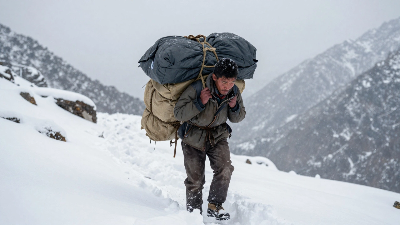 Bhotiya porter carrying an 80kg load on a snowy Himalayan trail at high altitude.