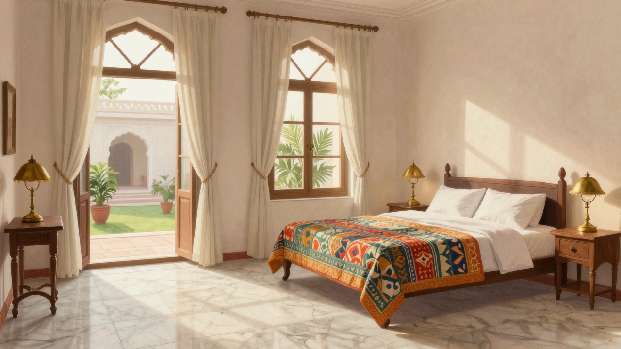 Cozy heritage hotel room in Rajasthan with marble floors and arched windows.
