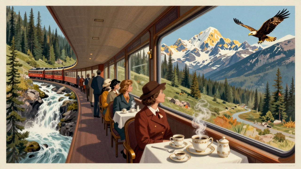 Luxury train in the mountains with passengers at an open vestibule and snow-capped peaks behind.