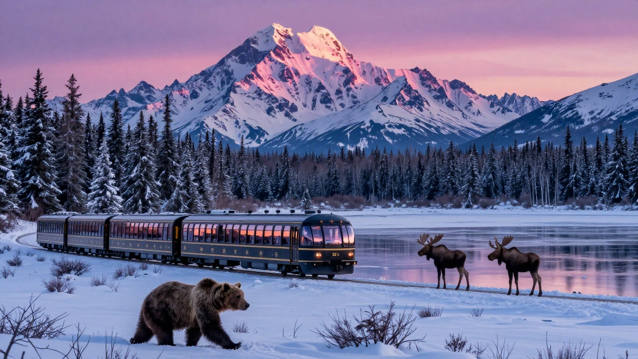 Railroad train under a twilight sky with Mount Denali in the background and a bear in the foreground.