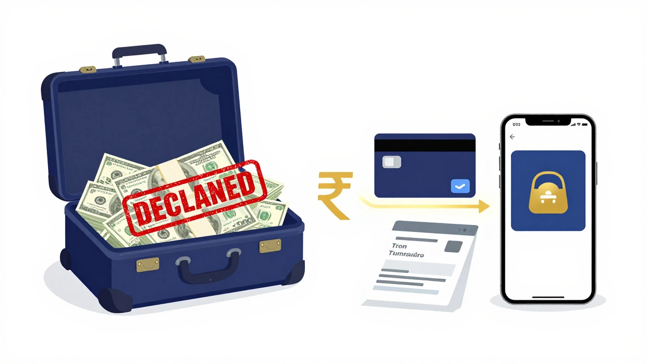 Split visual showing cash versus digital payment methods for traveling in India.