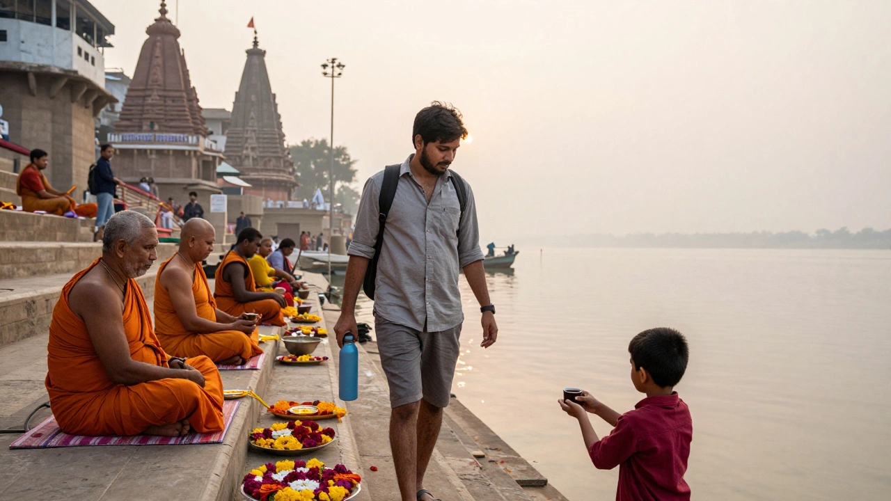 Traveler walking at Varanasi ghats at sunrise with reusable bottle and local tea.