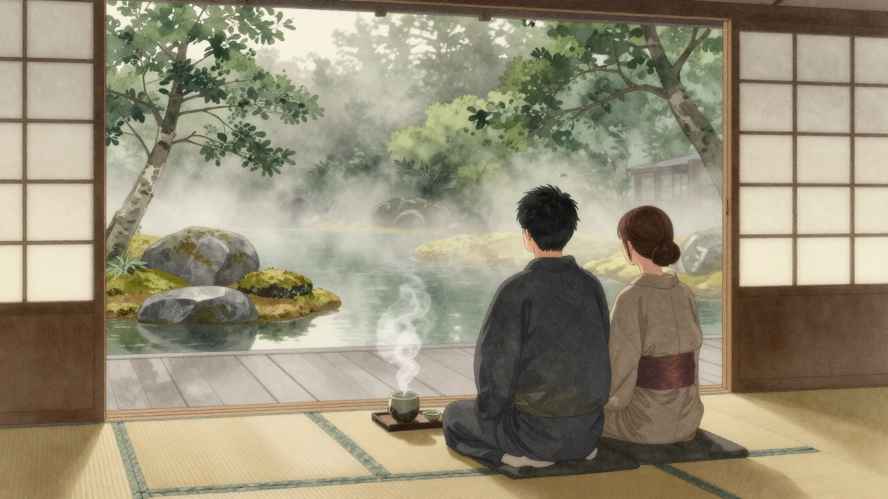 Two people sit in silent peace in a Kyoto ryokan, watching mist over a Zen garden.