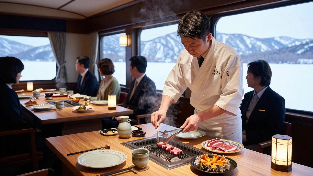 A chef grilling Matsusaka beef onboard a luxury train with ceramic tableware and no electronics in sight.