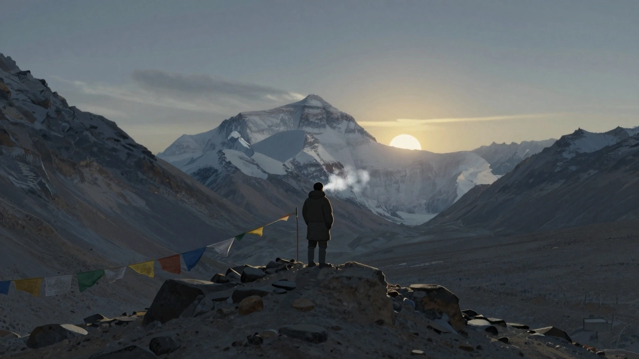 A lone Sherpa standing in the Death Zone overlooking Everest at sunset.