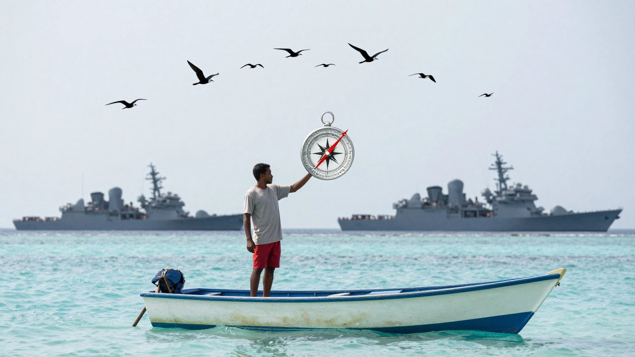 A Maldivian fisherman on a boat holding a compass pointing to India, China, and an empty horizon.