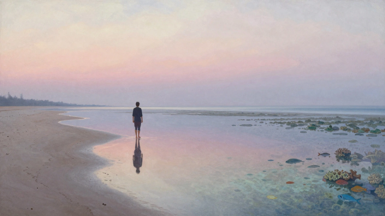 A solitary figure walks along the shore at dawn, reflections of sky and sea shimmering in shallow water.