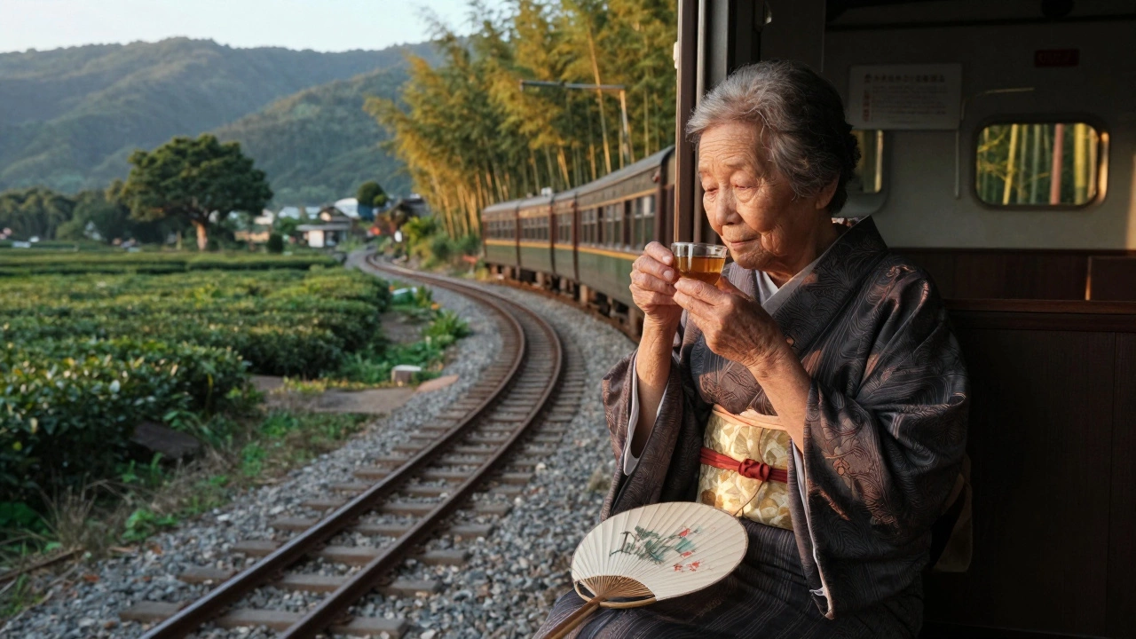 An elderly woman sitting peacefully on a train observation deck at dawn, surrounded by misty bamboo forests.
