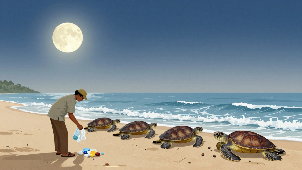 Conservationist collecting trash at dawn on Radhanagar Beach, sea turtles laying eggs under moonlight, starry sky above, untouched nature.