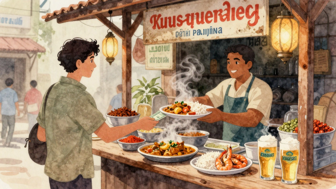 Local street food stall serving fish curry and beer in Panjim, India.