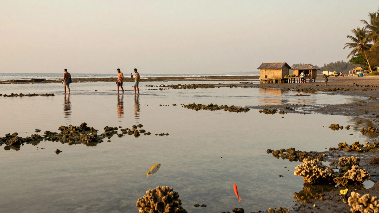 Shallow tidal pools on Radhanagar Beach at low tide, visitors wading gently, bamboo shacks in background, vibrant fish in clear water.