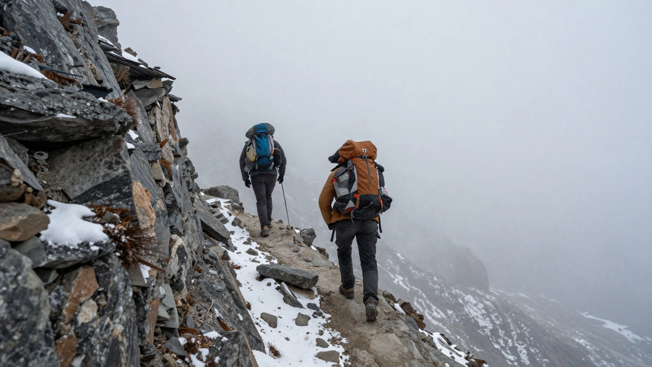 Two climbers navigating a narrow, exposed ridge on Pin Parvati Pass with a sheer drop on one side and no safety gear.