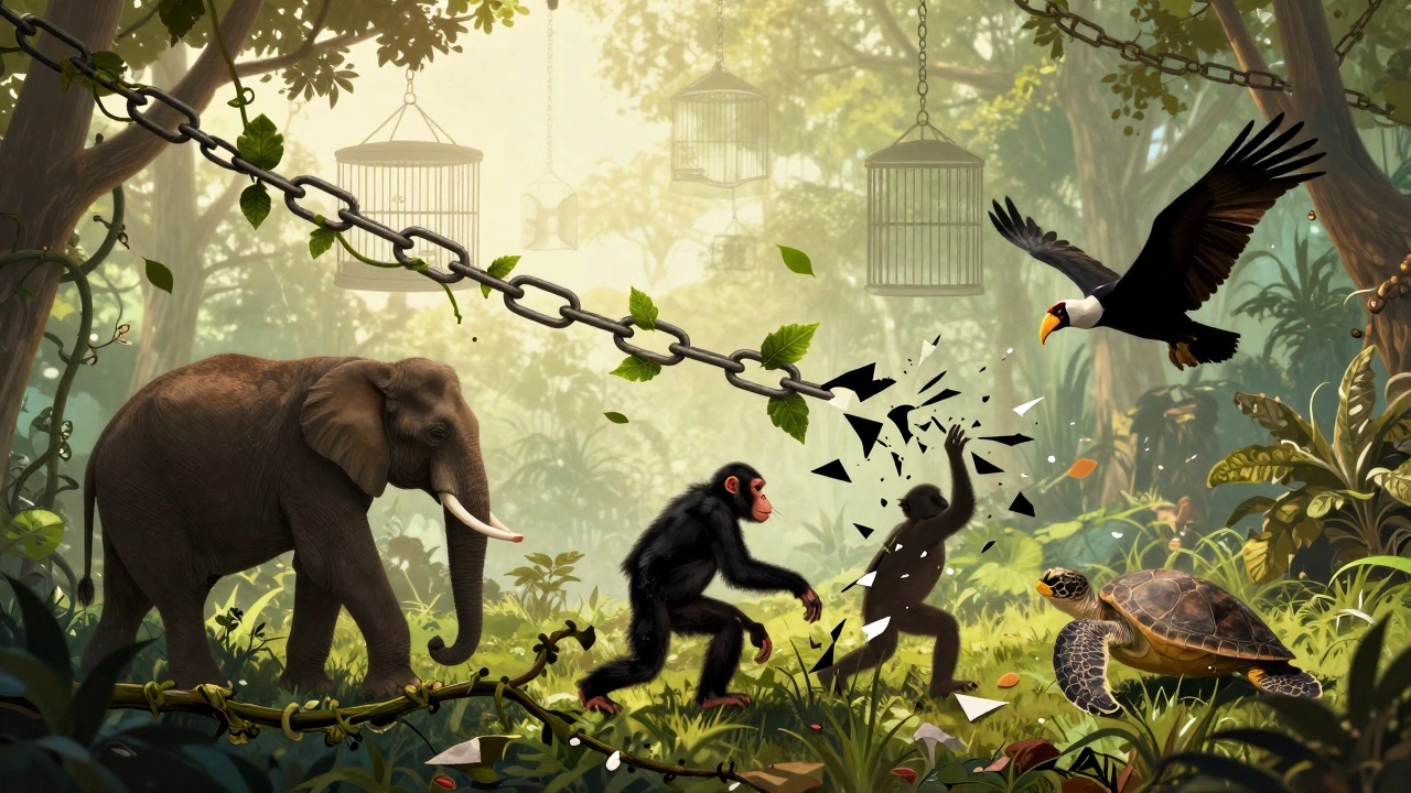 Animals emerging from breaking chains into a natural habitat, symbolizing freedom.