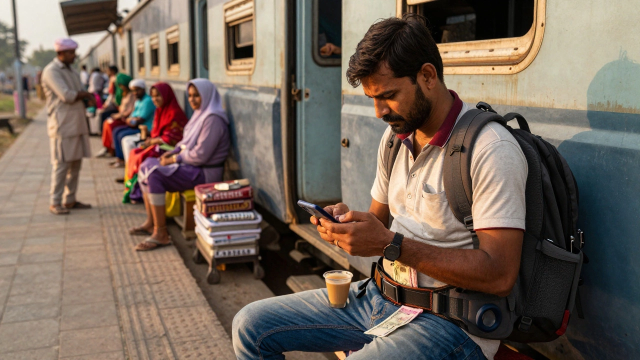 Backpacker paying for tea with smartphone at a rural Indian train station, rupees in money belt.