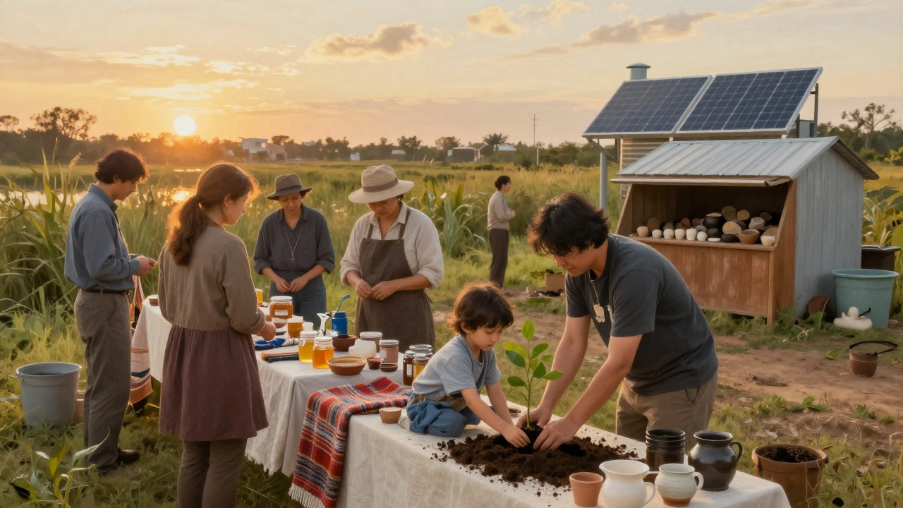 Guests and locals at a market selling handmade goods while planting a tree beside a restored wetland.