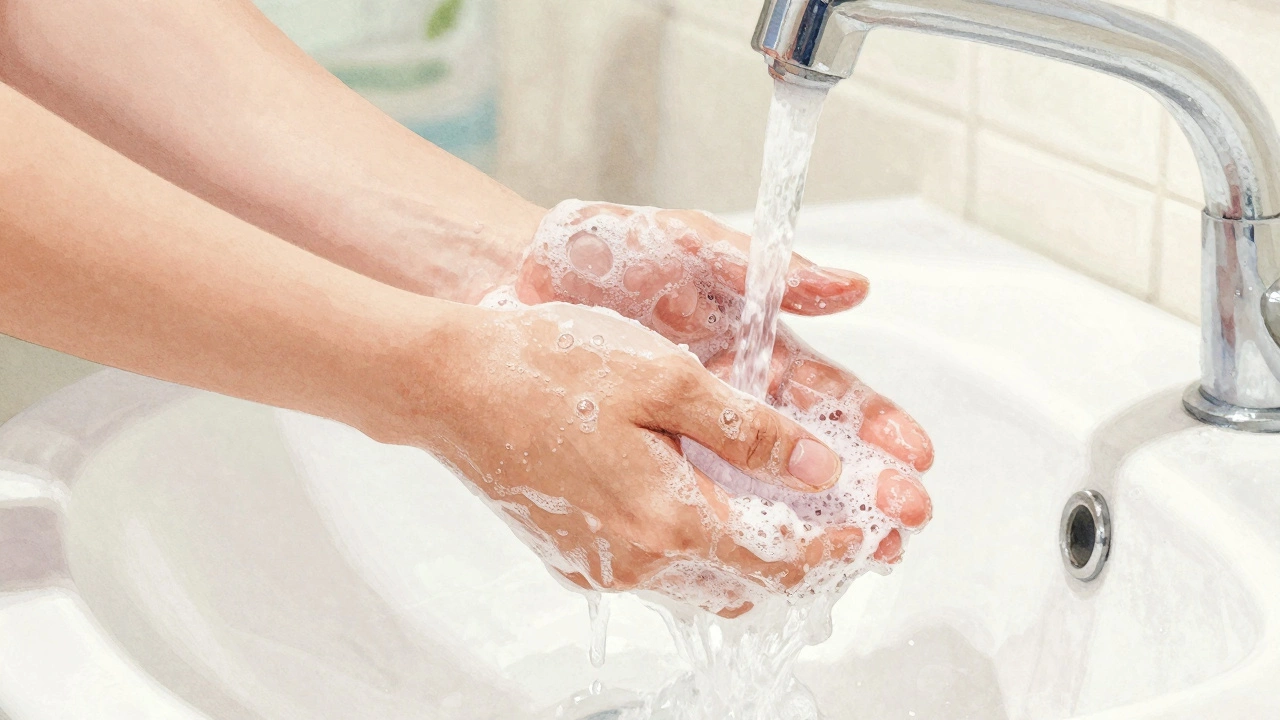 Hands washing with soap using bottled water.