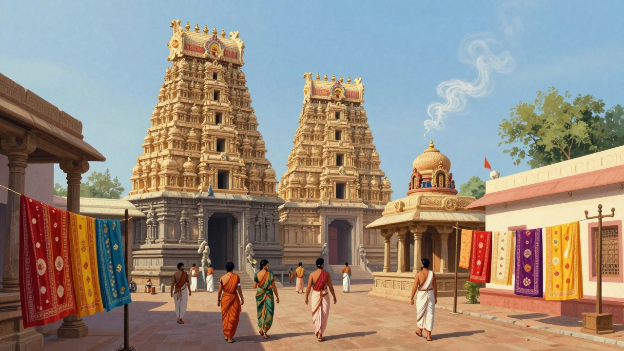 Kanchipuram’s grand temple complex with towering gopurams and silk sarees drying nearby, pilgrims walking between shrines.