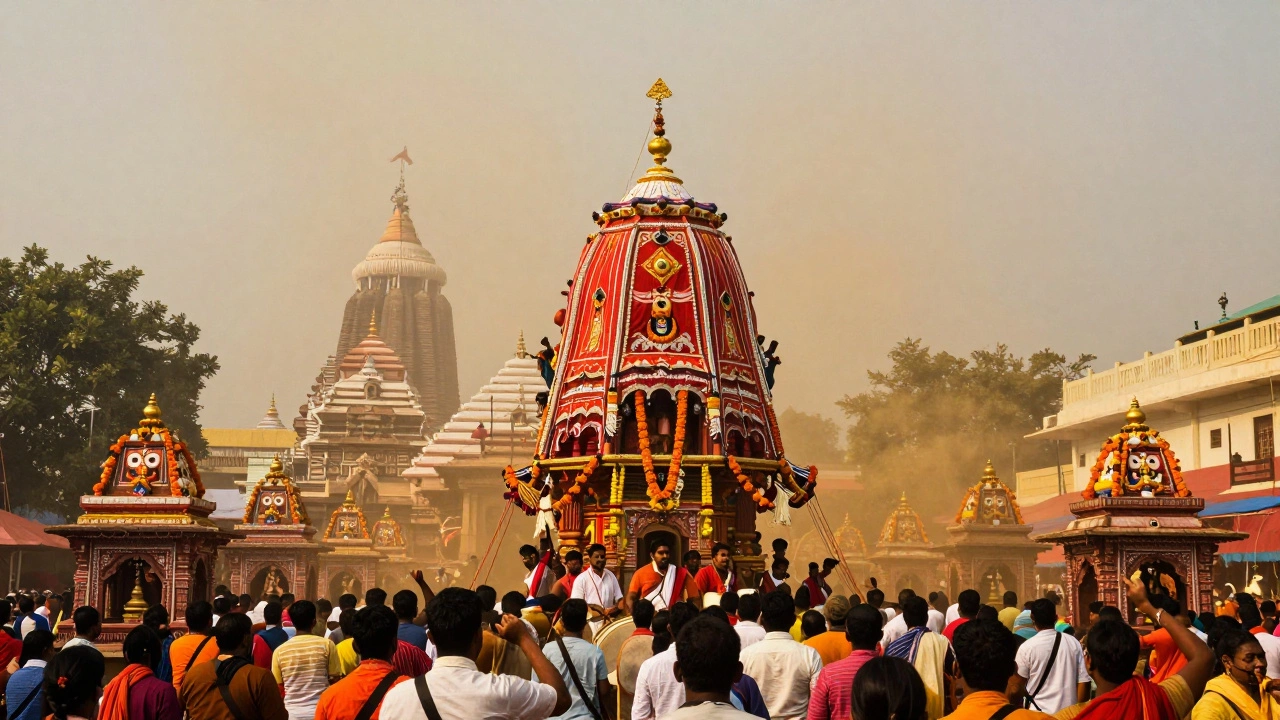 Puri’s Jagannath Temple chariot during Rath Yatra, surrounded by crowds and small shrines, with incense smoke filling the air.