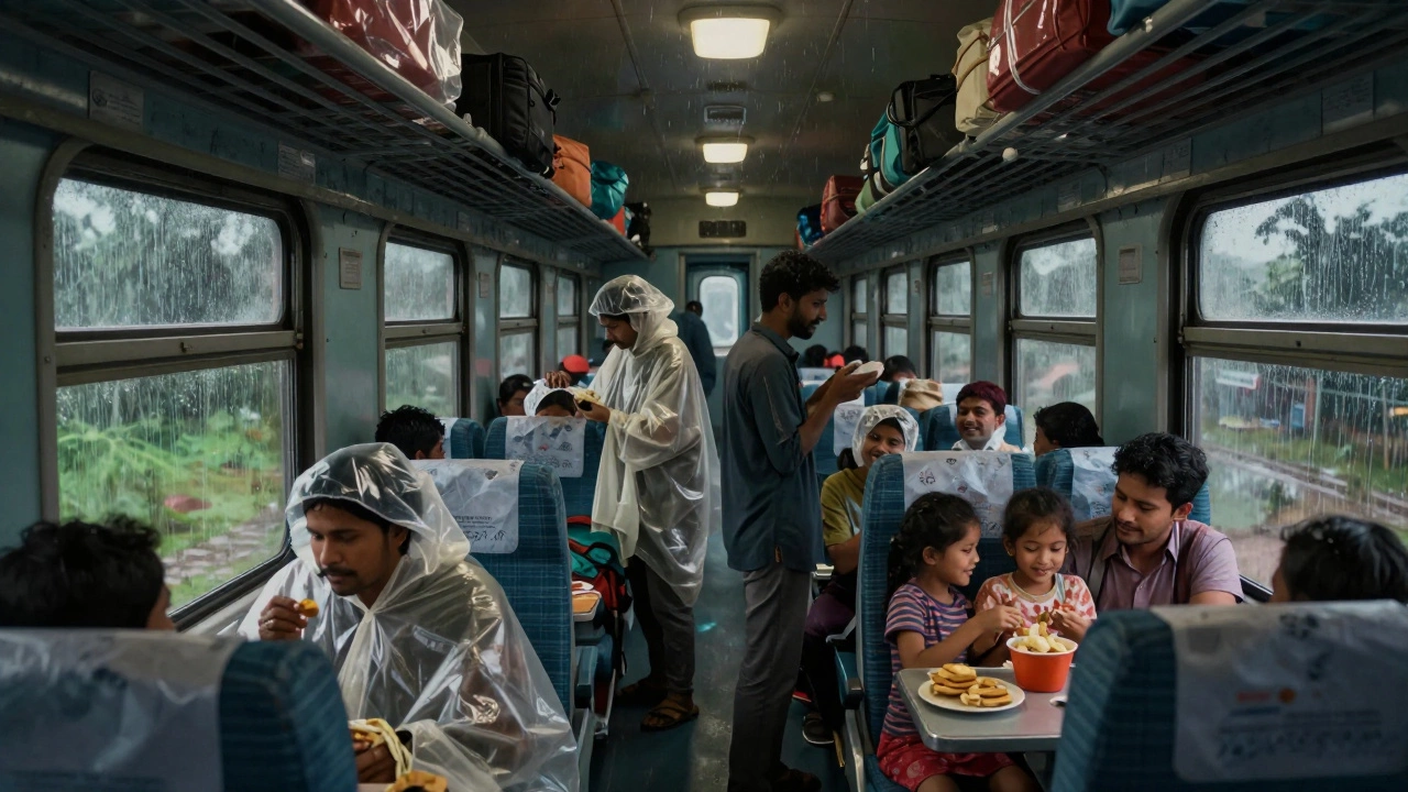 Travelers on a monsoon-era overnight train in India share snacks and smiles as rain taps against the windows, highlighting quiet, authentic journeys.
