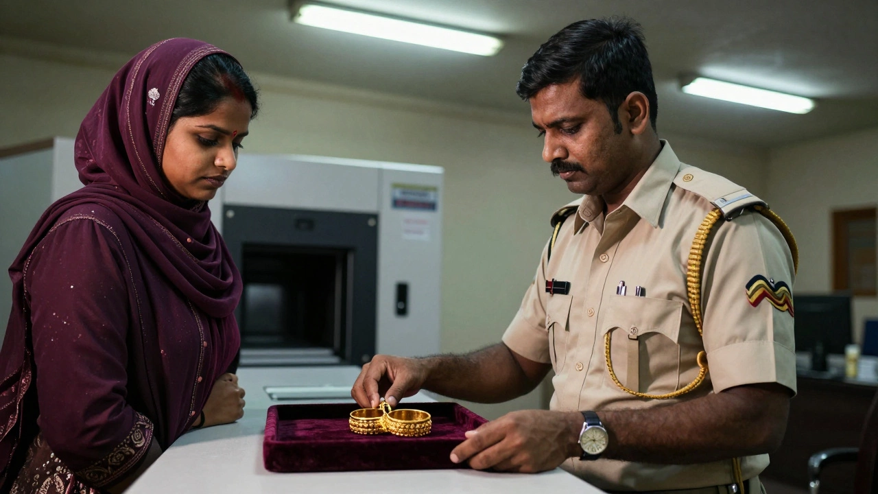A customs officer examining gold bangles at an inspection desk while a traveler watches nervously.