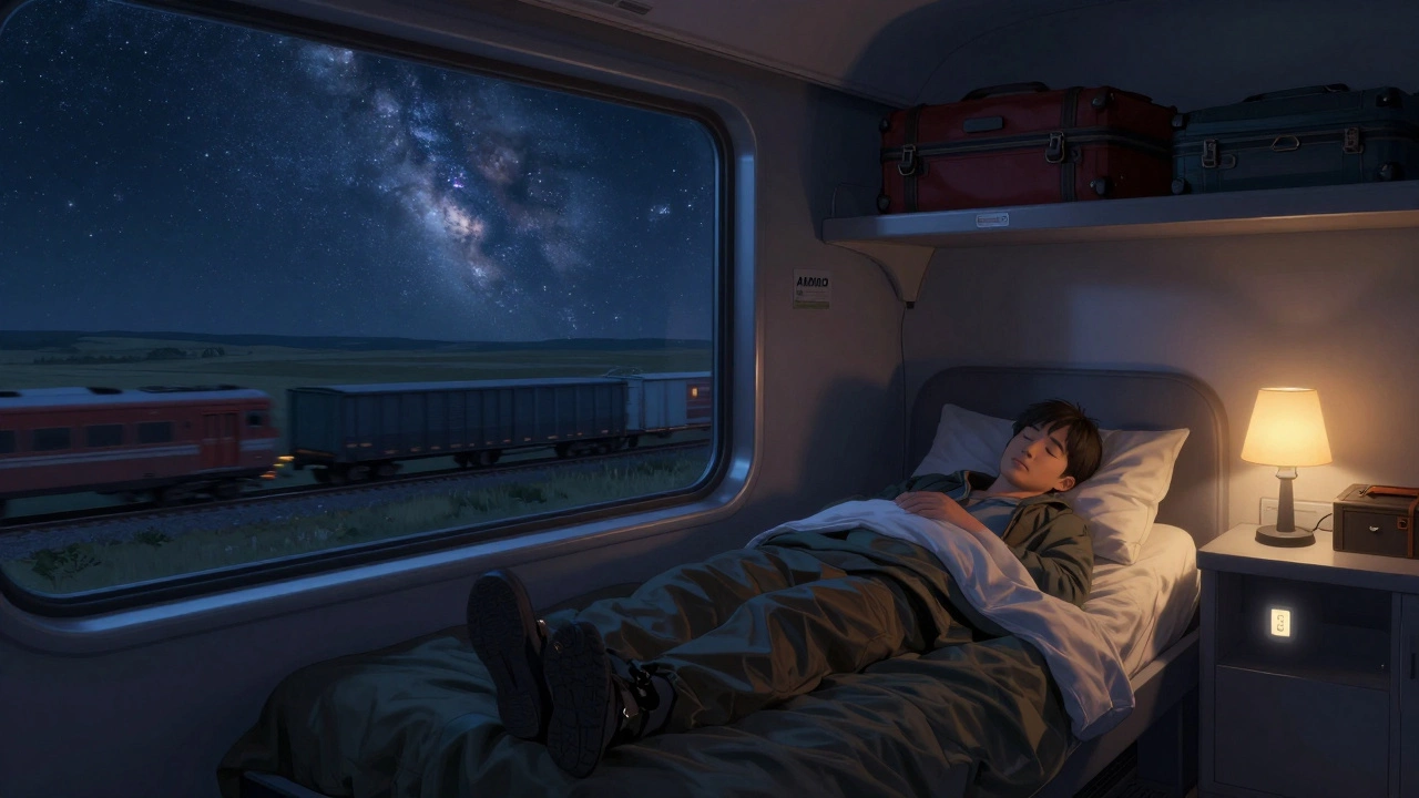 A traveler sleeps peacefully in an Amtrak roomette with stars visible through the window at night.