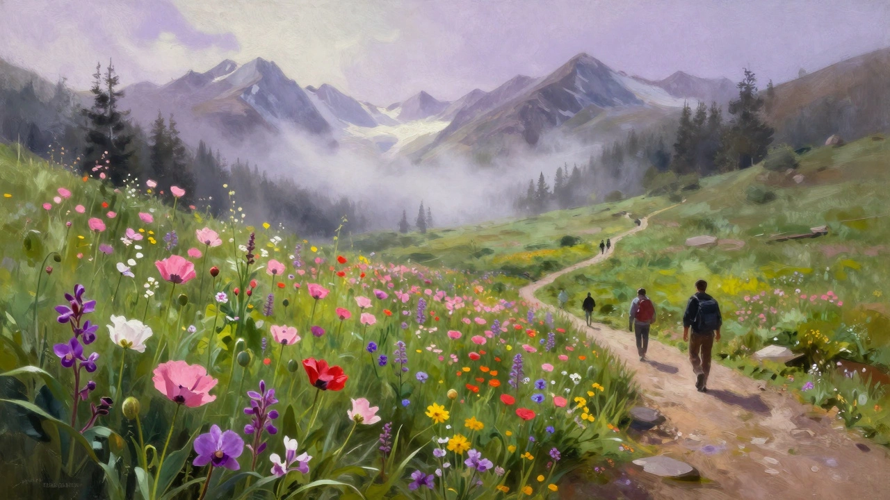 Blooming alpine flowers in Valley of Flowers meadow