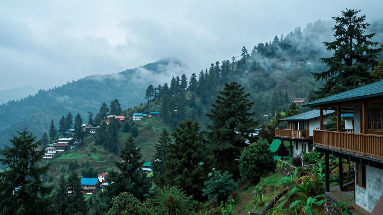 Cool misty Himalayan mountains offering escape from summer heat.