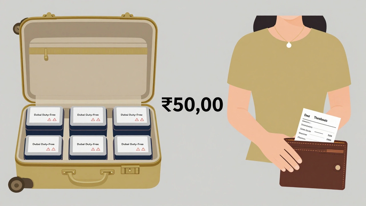 Split image contrasting hidden jewelry in luggage versus worn jewelry with receipts, showing value limit threshold.