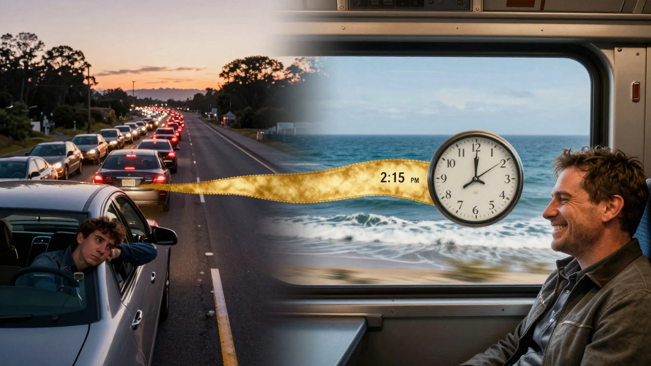 Split scene: a stressed driver in traffic versus a relaxed train passenger watching ocean waves.