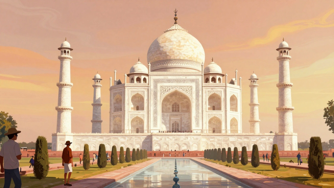 Taj Mahal under harsh midday sun with tourists seeking shade.