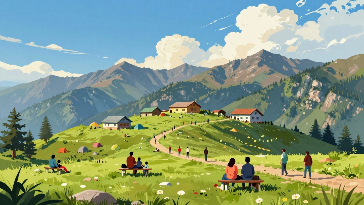 Tourists hiking Triund trail near Dharamshala guesthouses