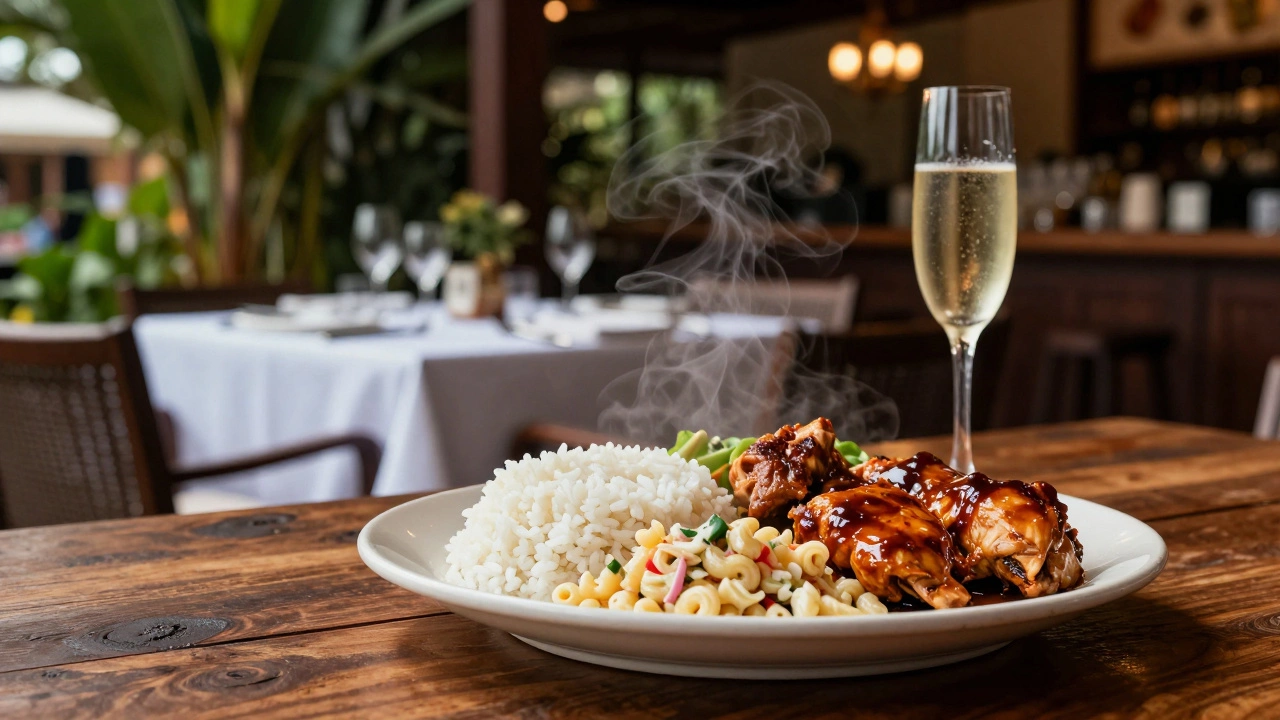 Traditional Hawaiian plate lunch beside fancy resort dining setup.
