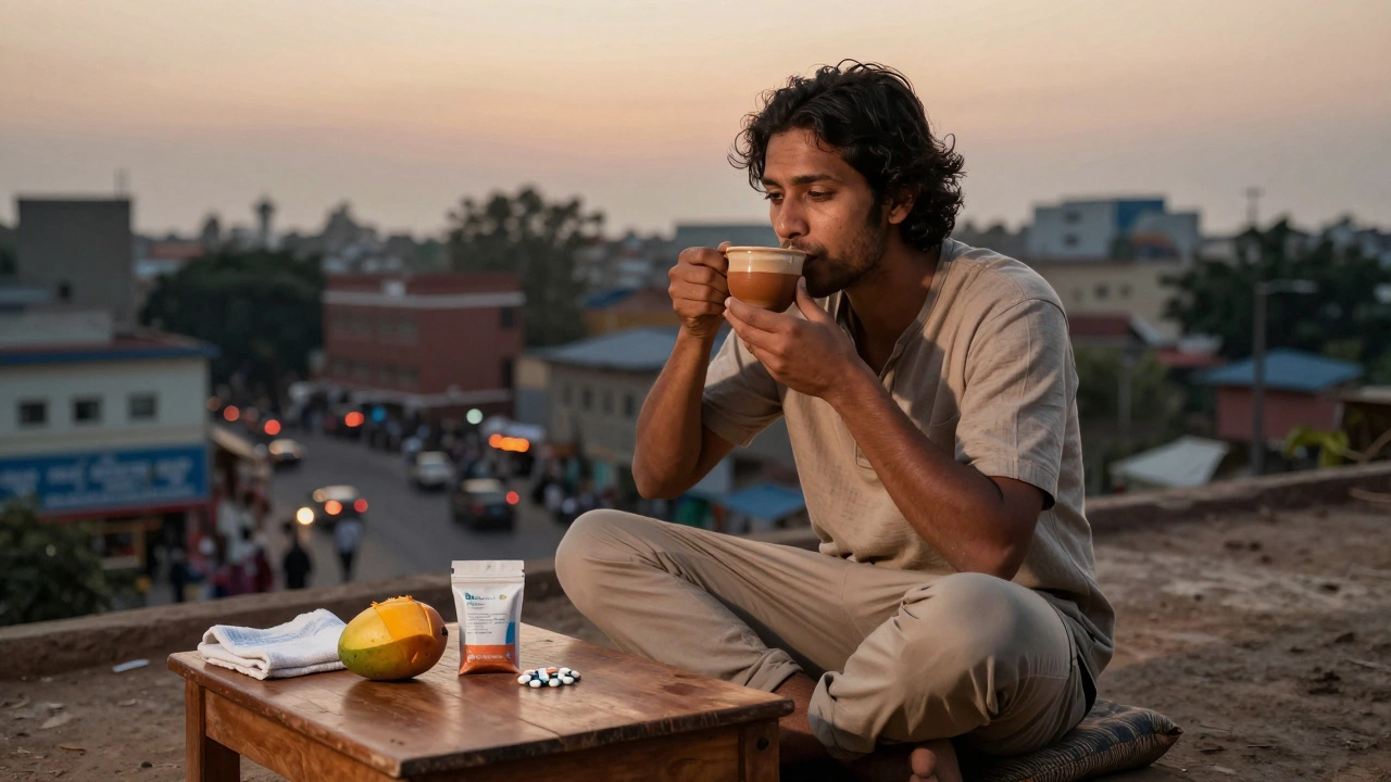 Traveler drinking chai at dusk with rehydration salts and probiotics on table beside peeled mango.