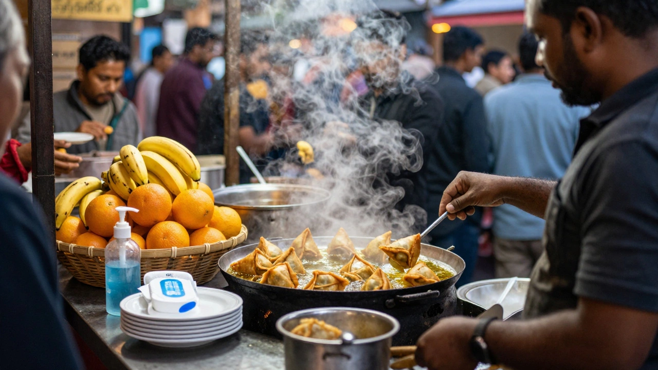 Traveler observing fresh samosas being fried at a busy street stall with whole fruit nearby.