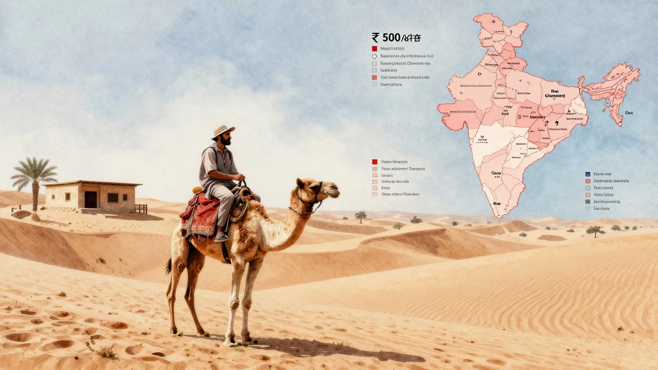 Traveler on a camel in Jaisalmer’s dunes, with a humble guesthouse visible, contrasted against inflated tourist zones in red.
