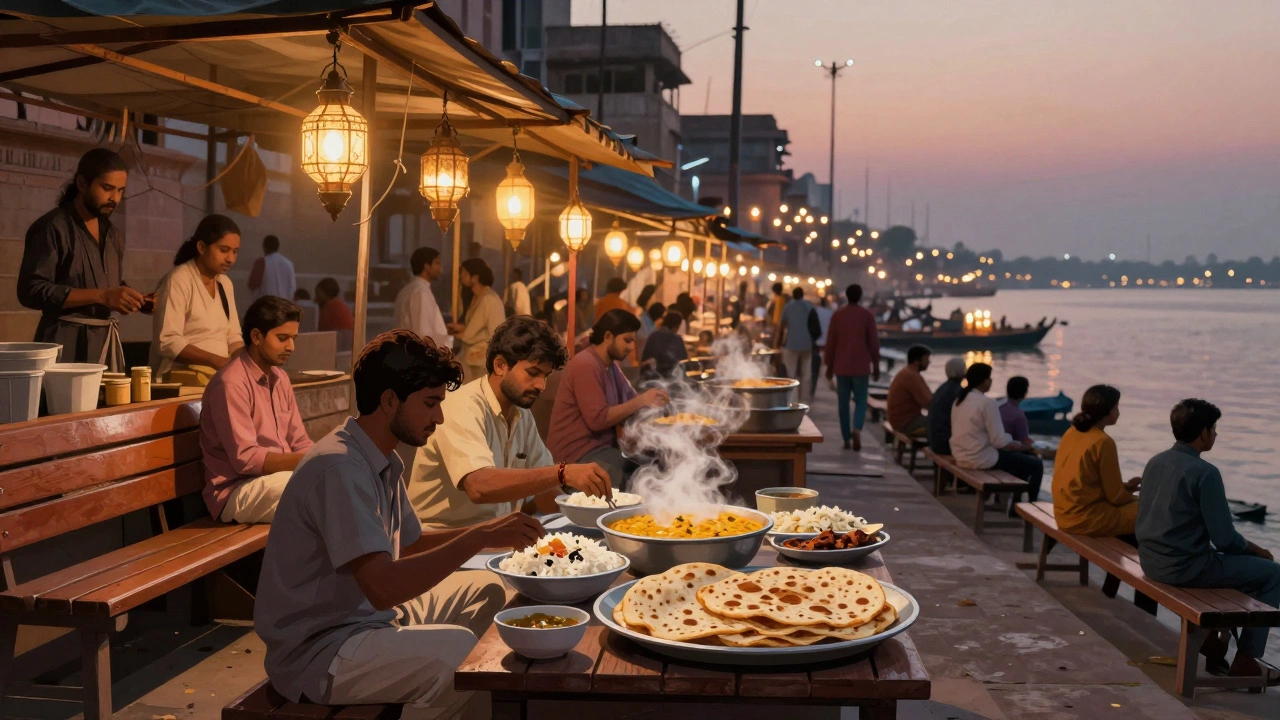 Vibrant street food market in Varanasi at dusk, locals sharing meals under lanterns with the Ganges in the background.