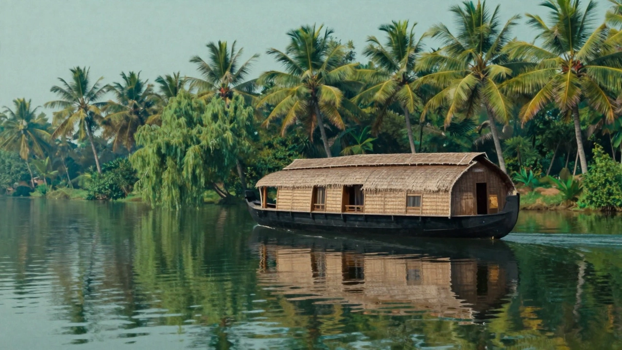 A traditional thatched-roof houseboat floating on the calm waters of the Kerala backwaters