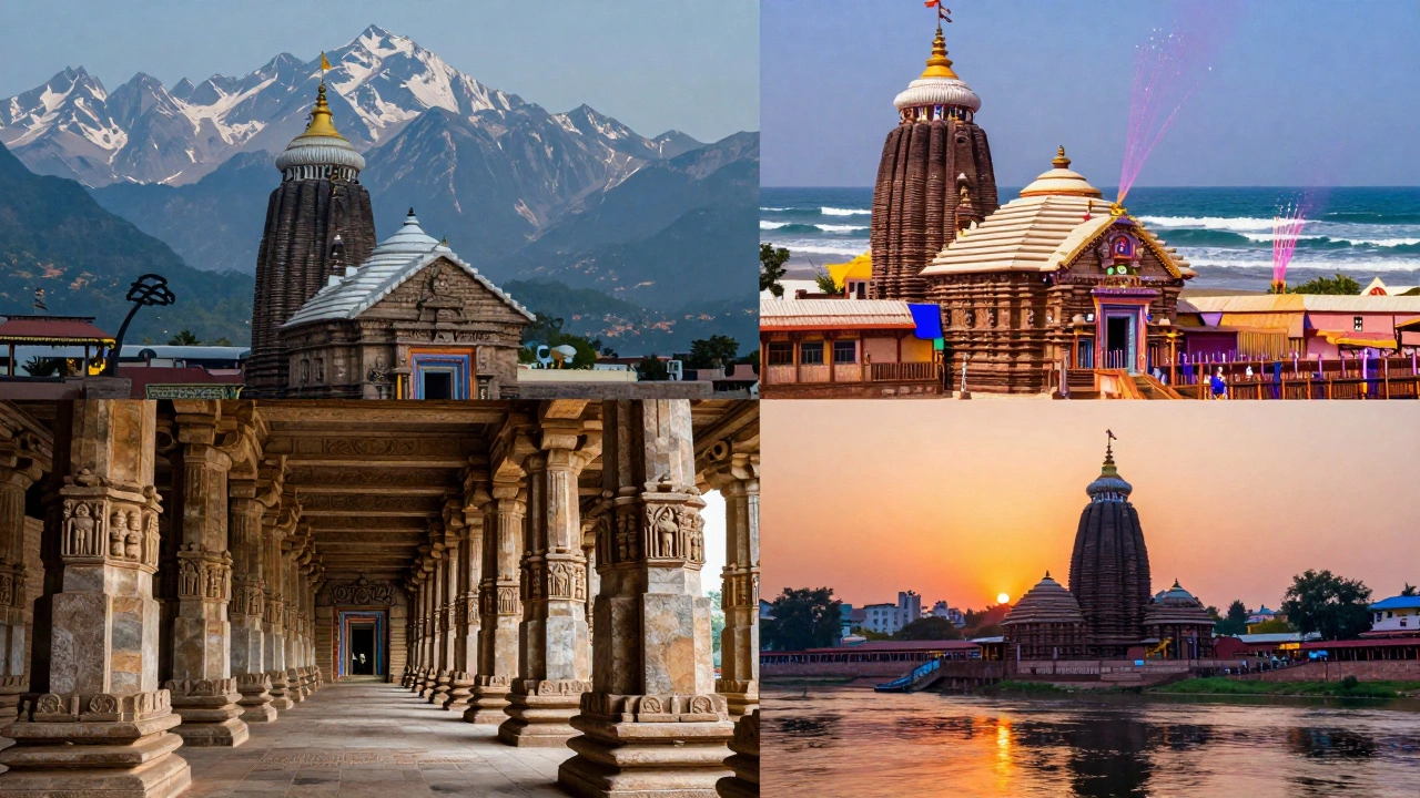 Four-quadrant illustration showing temples from Badrinath, Puri, Rameshwaram, and Dwarka.