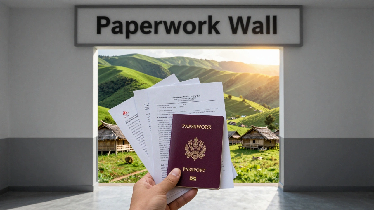 Hand holding travel permits with a view of the lush Ziro Valley in the background