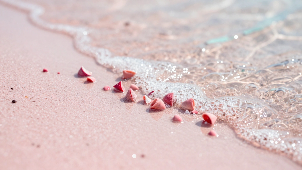 Macro close-up of pink foraminifera shells mixed with white sand and ocean water