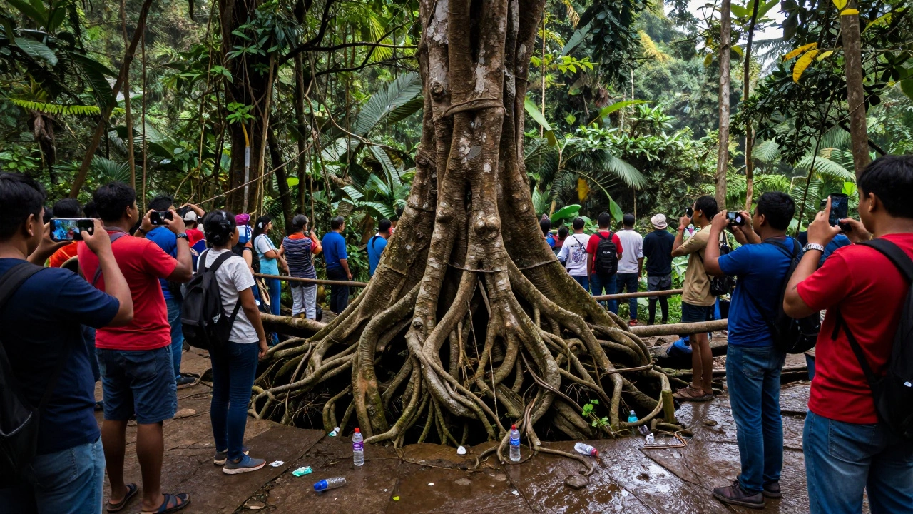 Tourists crowding a living root bridge in Meghalaya with plastic waste on the ground