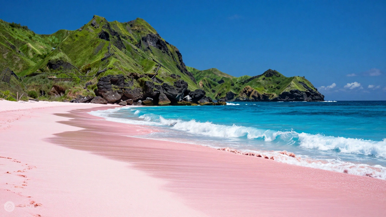 Vivid pink beach in Indonesia with dramatic green hills and volcanic rocks