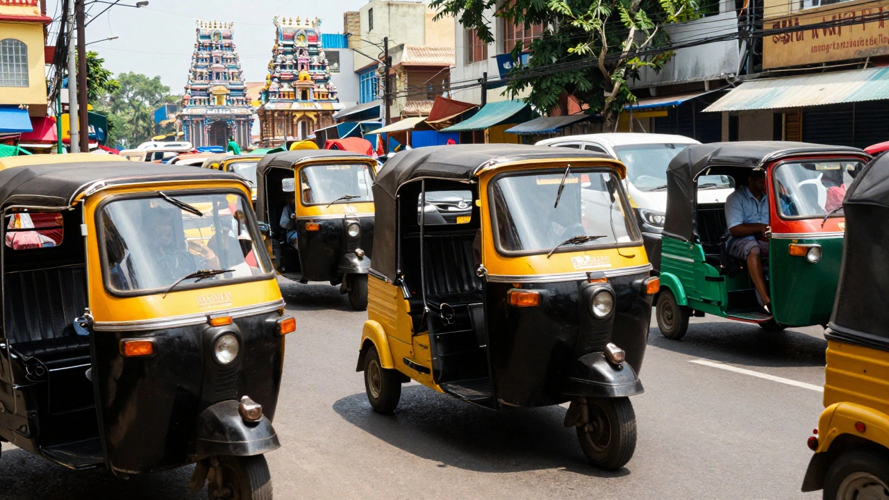 Yellow and black auto-rickshaws navigating a busy street in Chennai with temples in the background