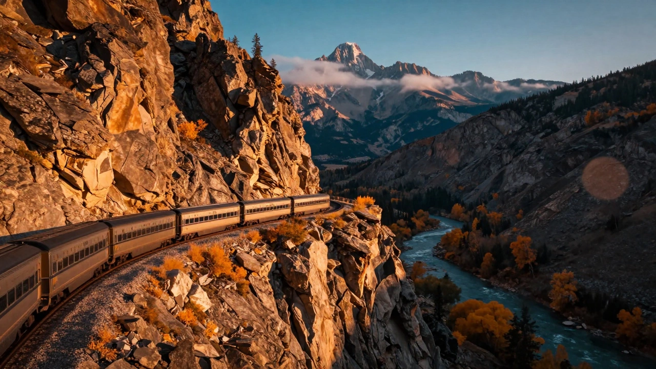 California Zephyr train winding through golden canyon cliffs in autumn